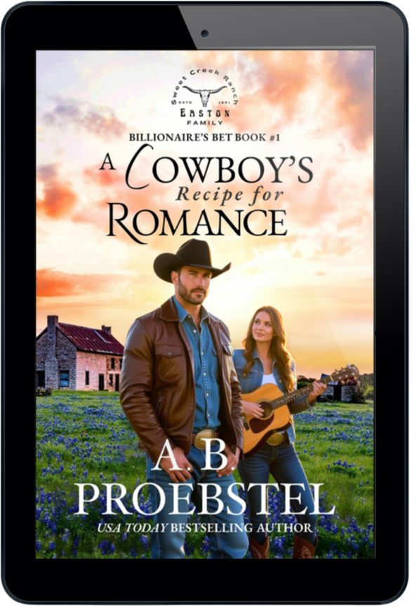 A tablet device displaying a romance novel cover titled "A Cowboy's Recipe for Romance" by A. B. Proebstel