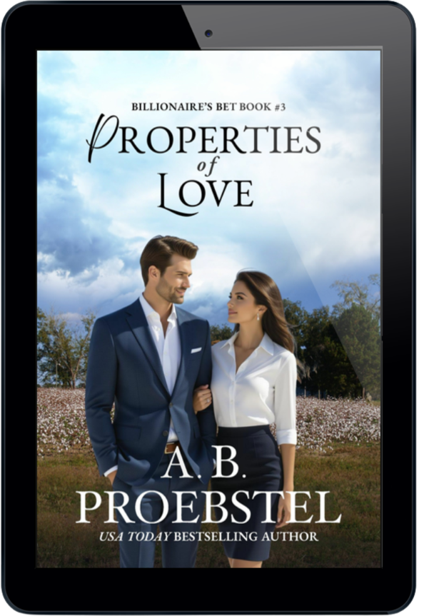 A tablet device displaying the book cover for 'Properties of Love' by A. B. Proebstel