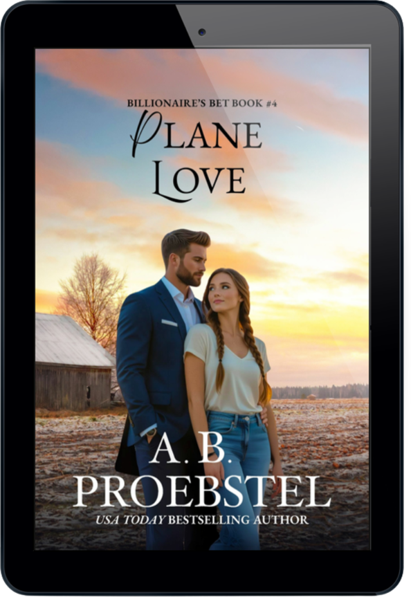 A tablet device displaying a romance novel cover titled "Plane Love" by A. B. Proebstel