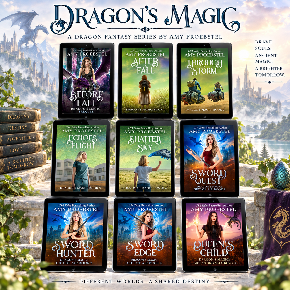 Promotional graphic for the 'Dragon's Magic' book series by Amy Proebstel, featuring a grid of twelve book covers displayed on tablet screens against a fantasy castle backdrop with books and a purple dragon figurine.