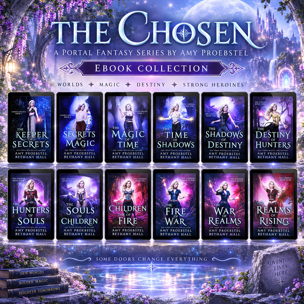 Promotional graphic for 'The Chosen: A Portal Fantasy Series by Amy Proebstel' showing a collection of 16 ebook book covers arranged in a grid over a magical fantasy scene with a moonlit sky, glowing castle, flowers, and books at the bottom.
