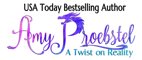Book cover for 'A Twist on Reality' by USA Today bestselling author Amy Proebstel, featuring a stylized purple and blue dragon graphic and the author's name in large script on a white background.
