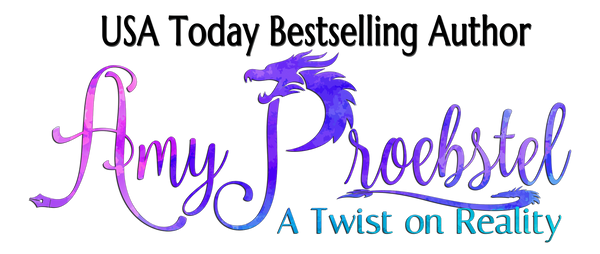 Book cover for 'A Twist on Reality' by USA Today bestselling author Amy Proebstel, featuring a stylized purple and blue dragon graphic and the author's name in large script on a white background.