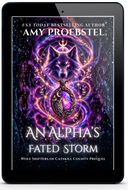 A black tablet device centered on a light gray background, displaying a book cover for 'An Alpha's Fated Storm' by Amy Proebstel. The cover art features a glowing purple and pink wolf motif over a dark starry background.