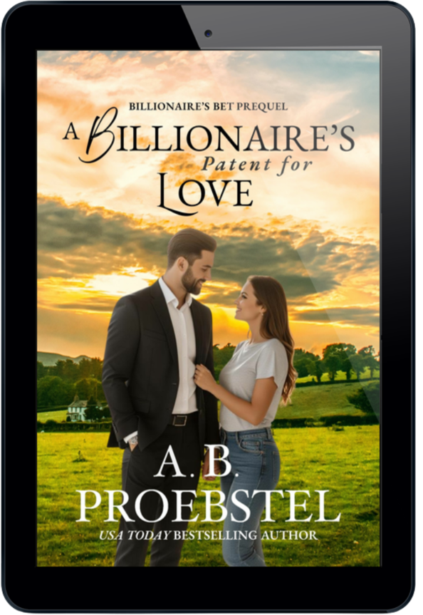 A tablet device displaying a romance novel cover titled "A Billionaire's Patent for Love" by A. B. Proebstel