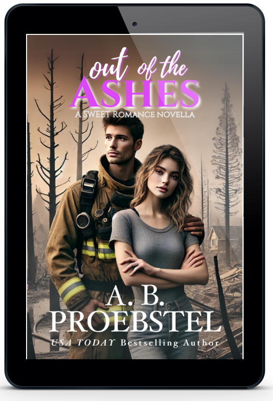 A black tablet device centered on a light gray background, displaying a romance novel cover titled "out of the ASHES" by A. B. Proebstel