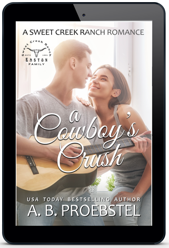 A tablet device centered on a light gray background, displaying a romance book cover titled "A Cowboy's Crush" by A. B.