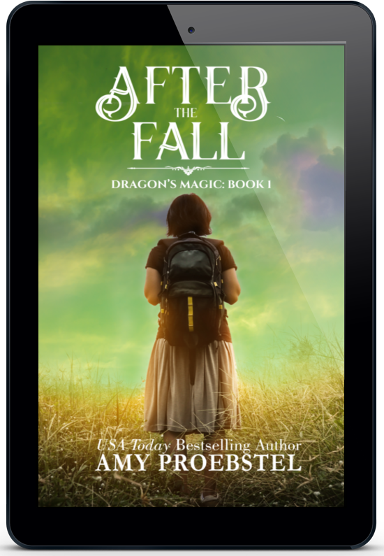 A black tablet device centered on a white background, displaying a book cover for "After the Fall: Dragon's Magic Book 1" by Amy Proebstel. The cover shows a woman from behind standing in a grassy field under a green sky.