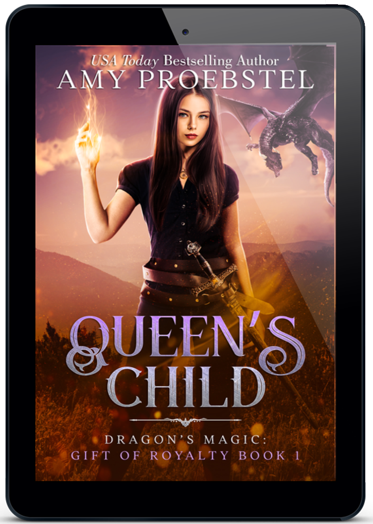 A tablet device displaying the book cover of 'Queen's Child' by Amy Proebstel. The cover art features a fantasy scene with a woman holding a glowing hand, a dragon in the sky, and purple title lettering.