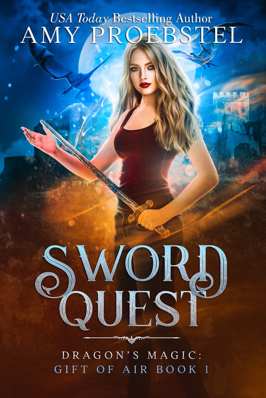 Book cover for 'Sword Quest: Dragon's Magic: Gift of Air Book 1' by Amy Proebstel, featuring a blonde woman in a black tank top holding a sword against a fantasy background with blue and orange lighting.