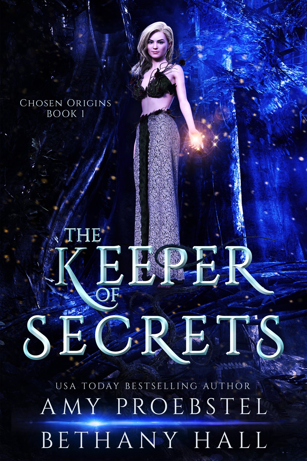 Book cover for 'The Keeper of Secrets' by Amy Proebstel and Bethany Hall, featuring a fantasy illustration of a woman in a dark green and patterned dress standing in a glowing blue forest, with the title in large metallic-style text across the lower half.