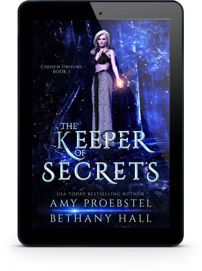 A black tablet device displaying the book cover of 'The Keeper of Secrets' by Amy Proebstel and Bethany Hall, with a blue fantasy forest scene and a woman standing in the center.
