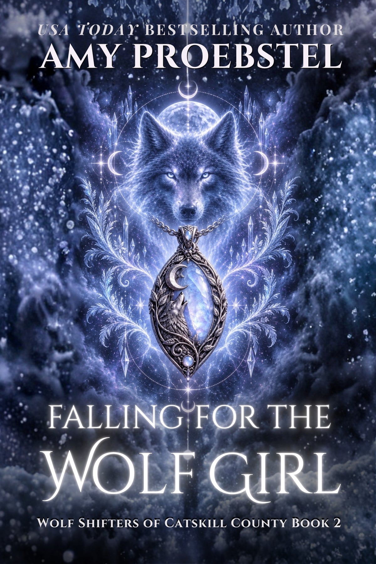 Book cover for 'Falling for the Wolf Girl' by Amy Proebstel, featuring a glowing blue wolf head with moon phases and ornate silver filigree against a dark starry sky.