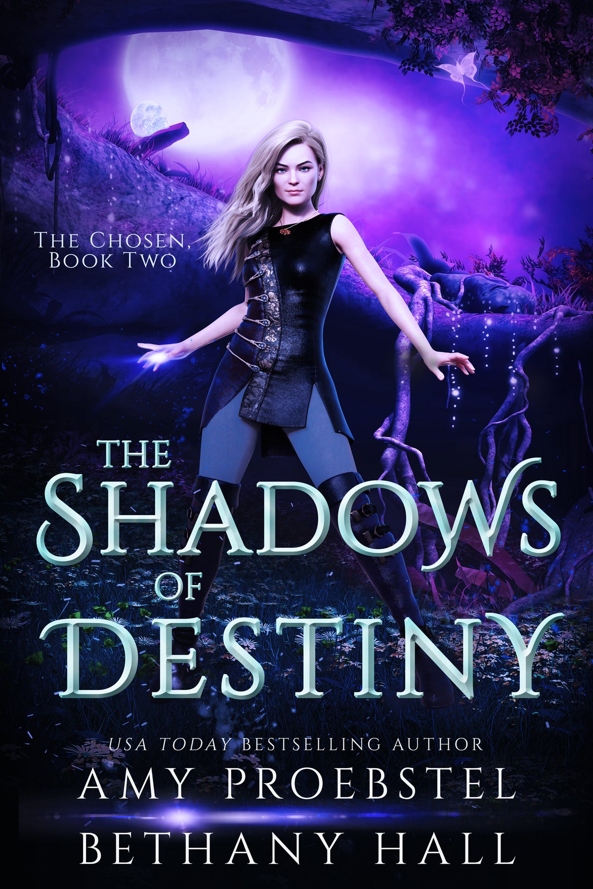 Book cover for 'The Shadows of Destiny' by Amy Proebstel, featuring a blonde woman in a black dress standing in a mystical purple forest with a full moon in the background.