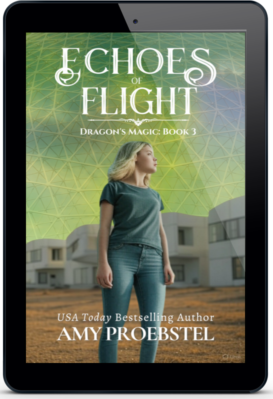 A black tablet device displaying the book cover for 'Echoes of Flight: Dragon's Magic, Book 3' by Amy Proebstel. The cover features a woman standing in front of futuristic domed buildings under a green geometric sky.