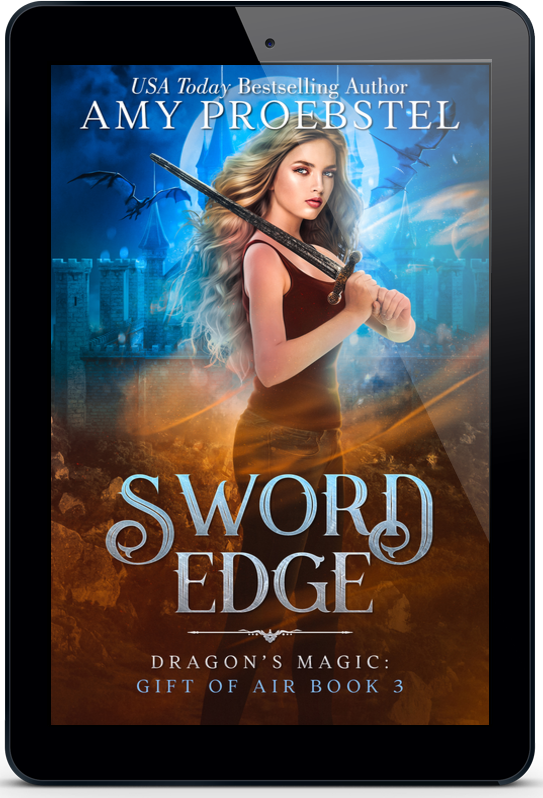 A black tablet device centered on a white background, displaying the book cover for 'Sword Edge' by Amy Proebstel. The cover art shows a fantasy scene with a woman holding a sword, blue and orange glowing effects, and the title in large metallic-style lettering.