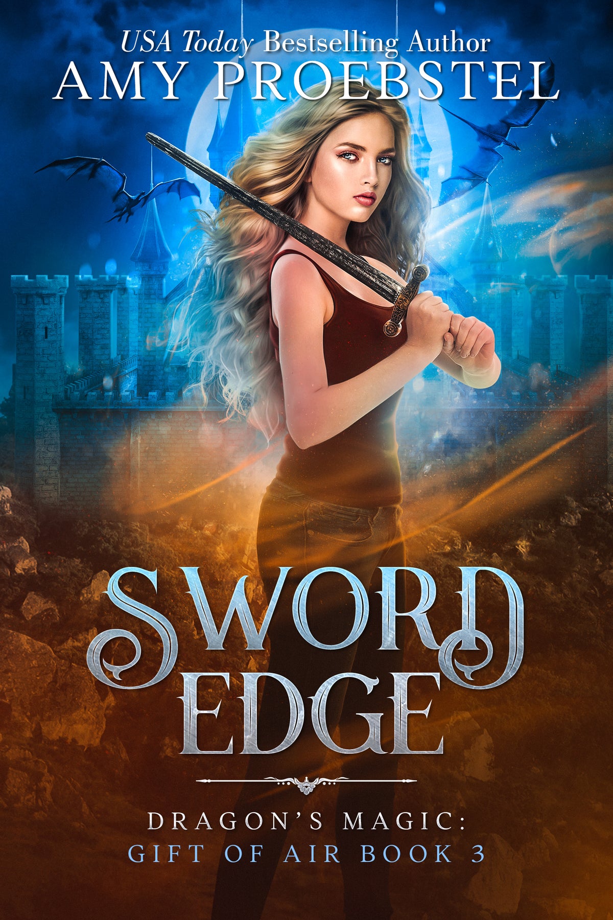 Book cover for 'Sword Edge' by Amy Proebstel, featuring a fantasy illustration of a blonde woman holding a sword in front of a blue moonlit sky and castle, with warm orange light effects and the title in large silver lettering.