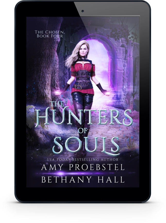 A tablet device displaying the book cover for 'The Hunters of Souls' by Amy Proebstel and Bethany Hall, shown on a clean white background.