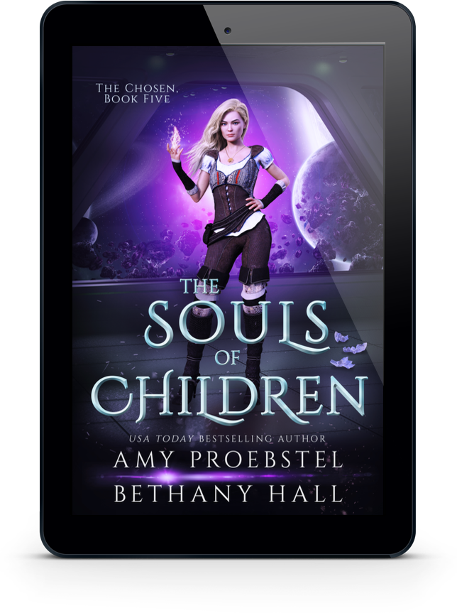 A black tablet device centered on a white background, displaying the book cover for 'The Souls of Children' by Amy Proebstel and Bethany Hall. The cover art features a blonde woman in a futuristic space-themed scene with purple and blue tones.