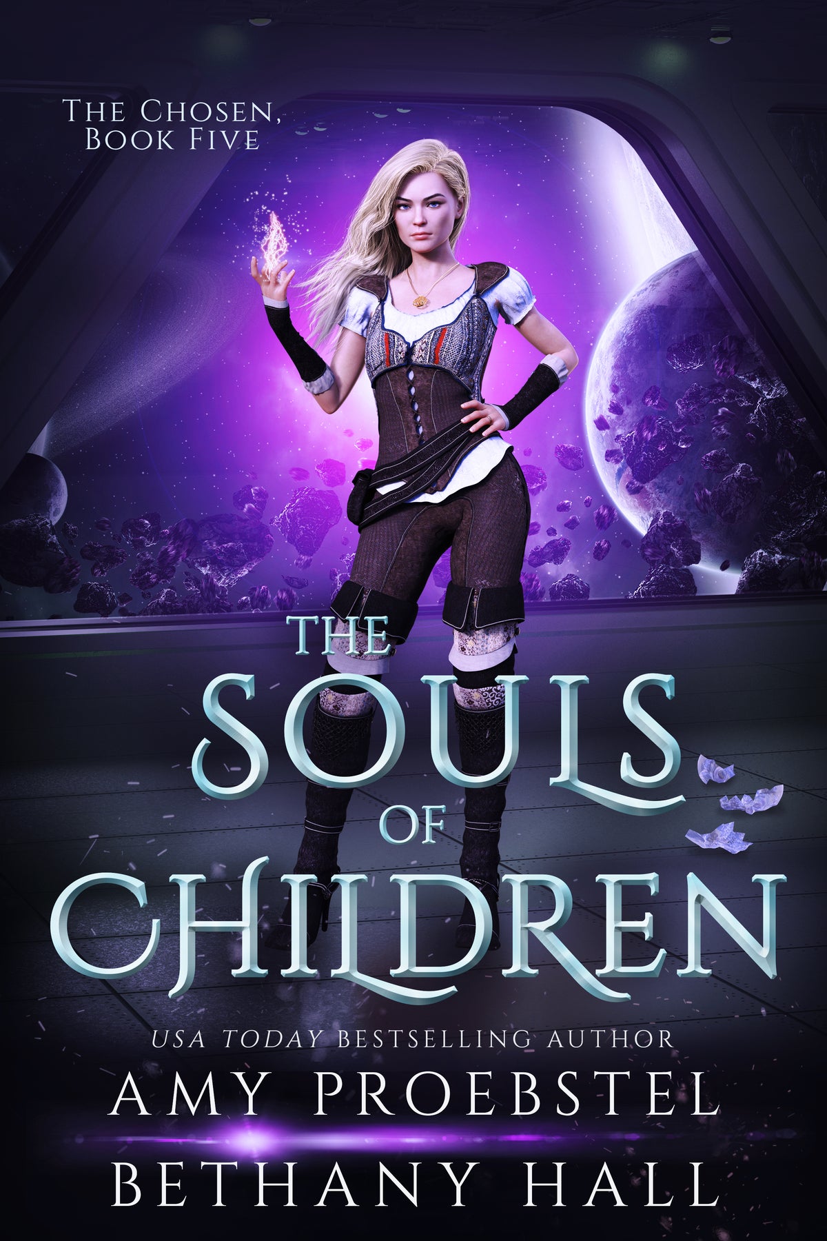 Book cover for 'The Souls of Children' by Amy Proebstel, featuring a blonde woman in a dark corset standing in a futuristic purple portal with a planet in the background.
