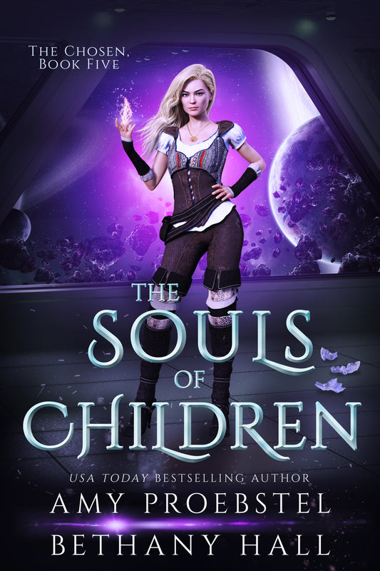 Book cover for 'The Souls of Children' by Amy Proebstel, featuring a blonde woman in a dark corset standing in a futuristic purple portal with a planet in the background.