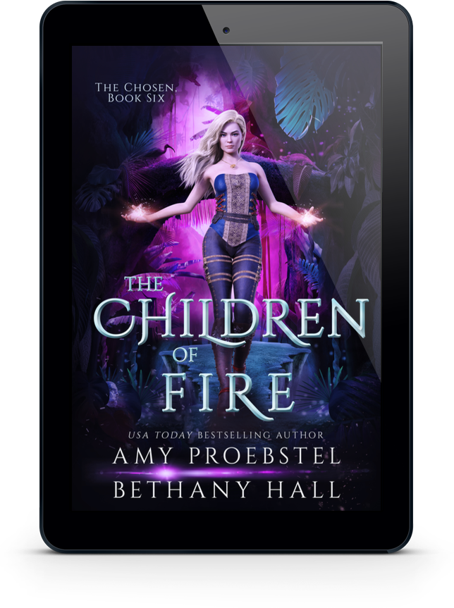 A tablet device displaying the book cover for 'The Children of Fire' by Amy Proebstel and Bethany Hall, set against a plain white background.