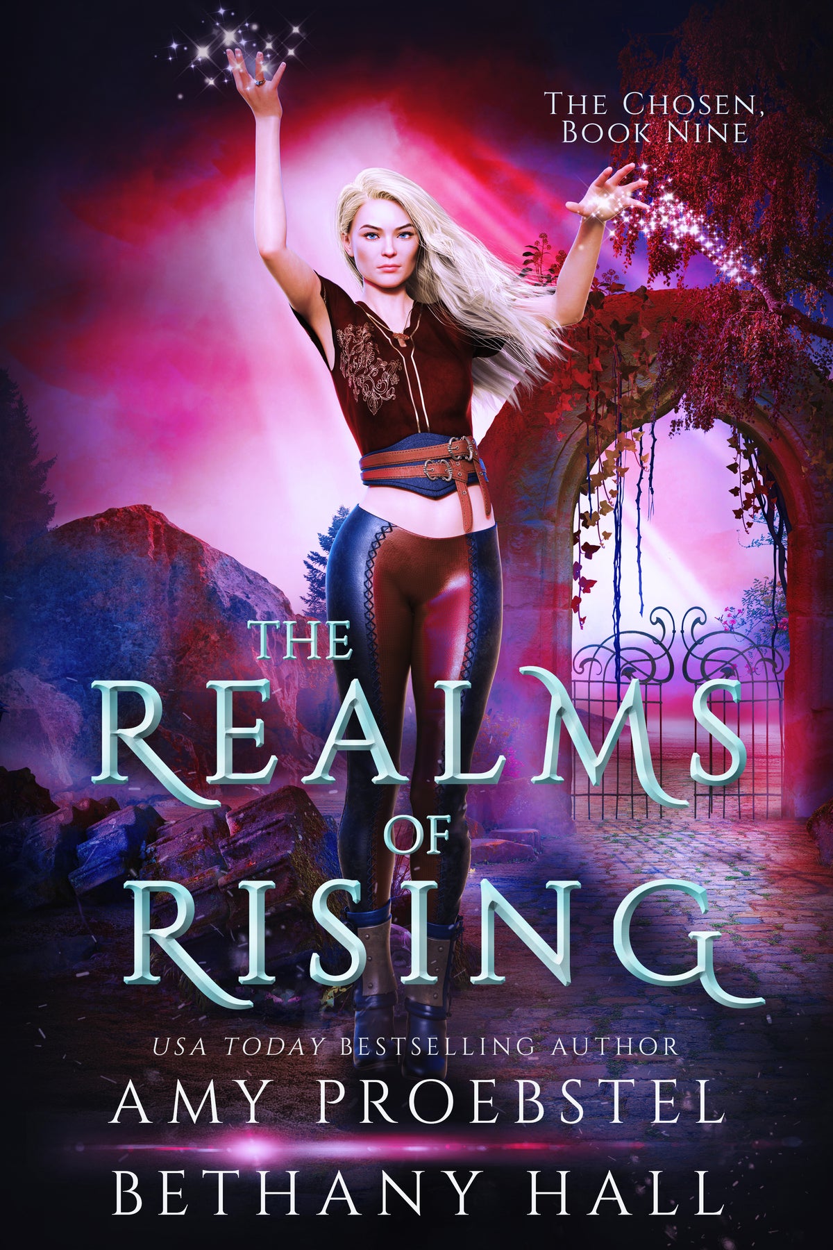 Book cover for 'The Realms of Rising' by Amy Proebstel, featuring a blonde woman in a fantasy outfit with raised arms against a glowing purple and pink portal scene. The title is displayed in large teal letters, with author name Bethany Hall at the bottom.