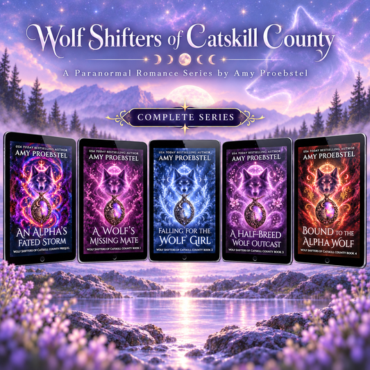 five tablets showing the complete Wolf Shifters of Catskill County series by Amy Proebstel.